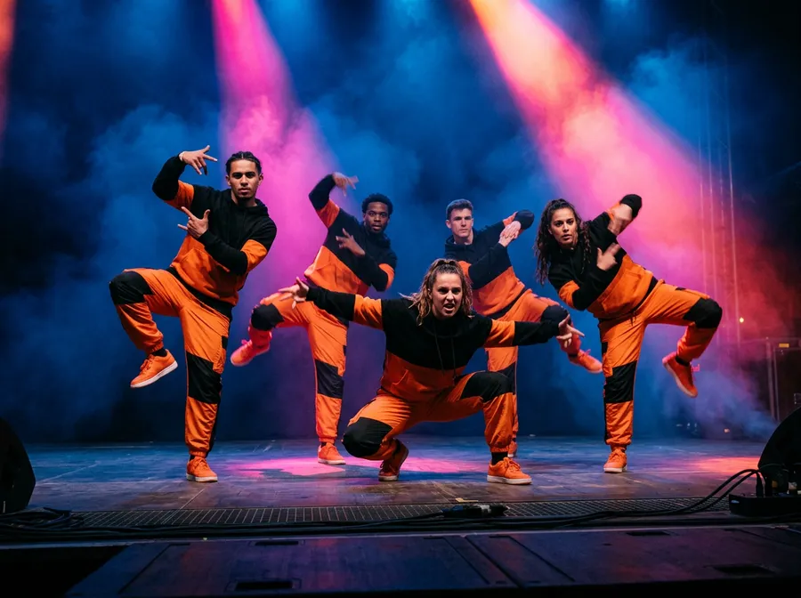 Urban-Dance-Gruppe bei der Probe im farbigen Bühnenlicht